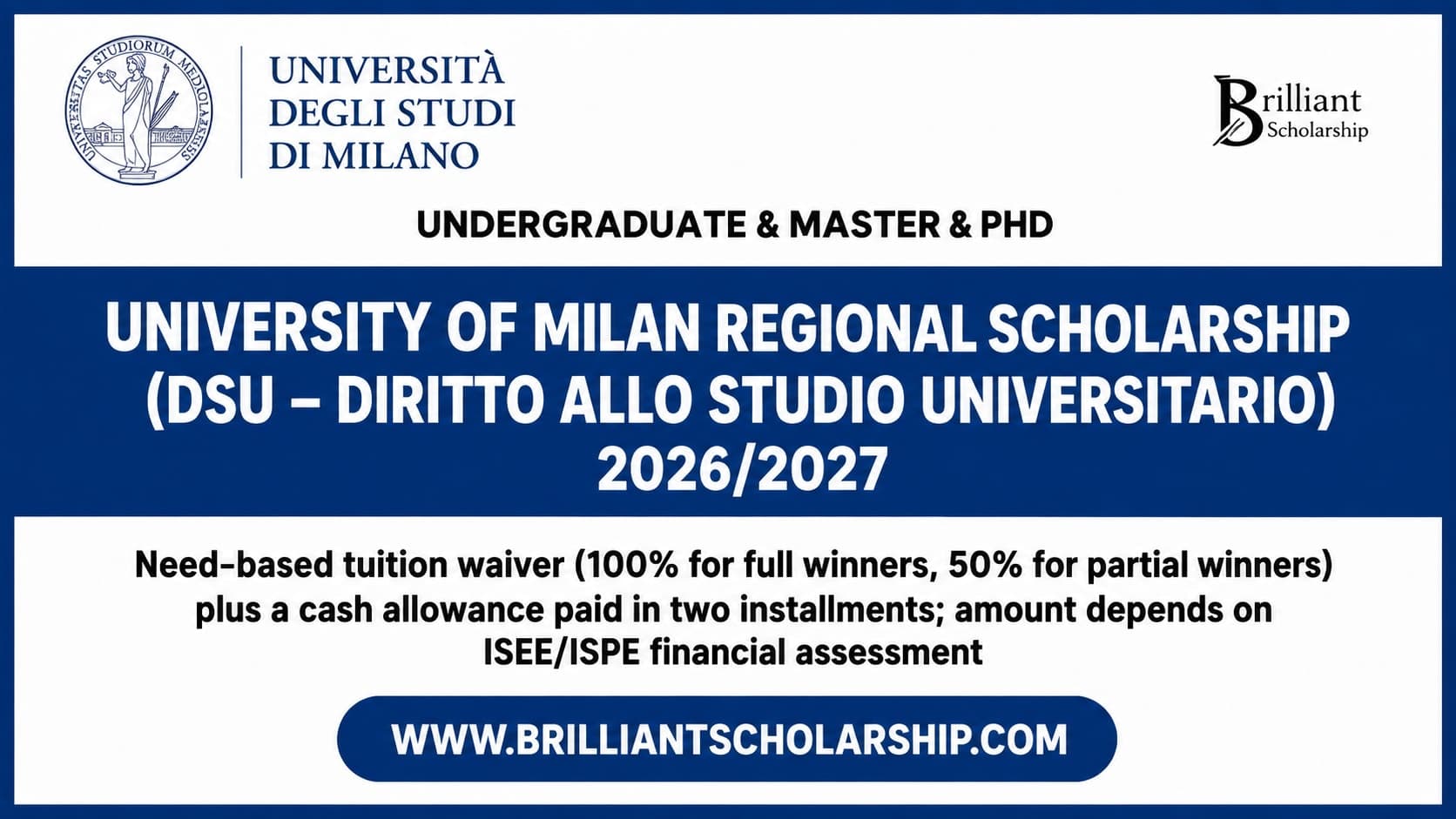 University of Milan Regional Scholarship (DSU – Diritto allo Studio Universitario) 2026/2027